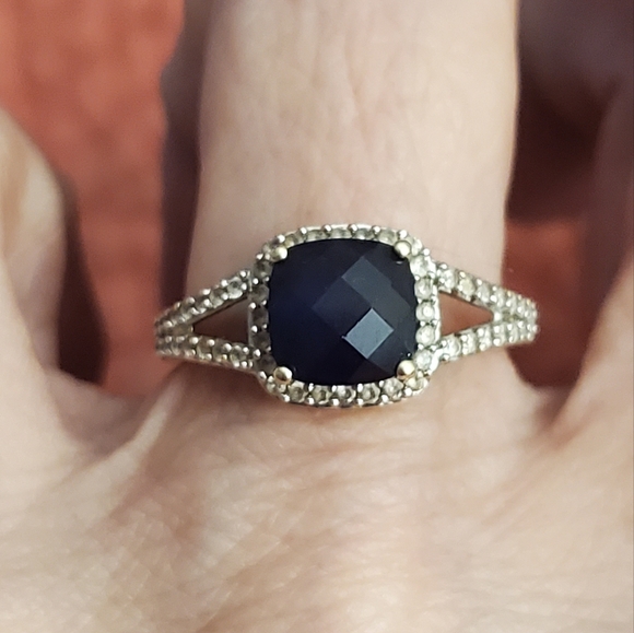 10k wg checkerboard cut sapphire/diamond ring - Picture 2 of 7